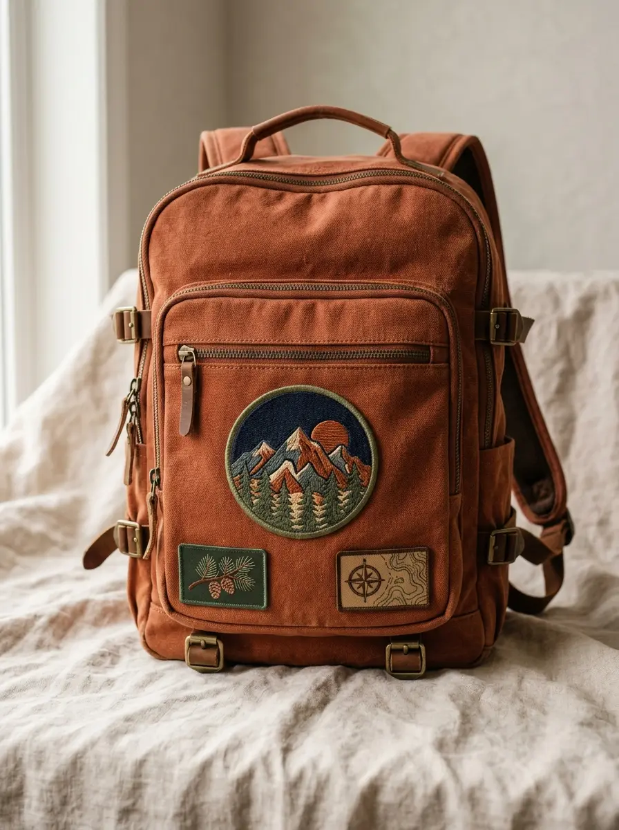 Canvas backpack with three patches arranged on the front pocket on a linen backdrop