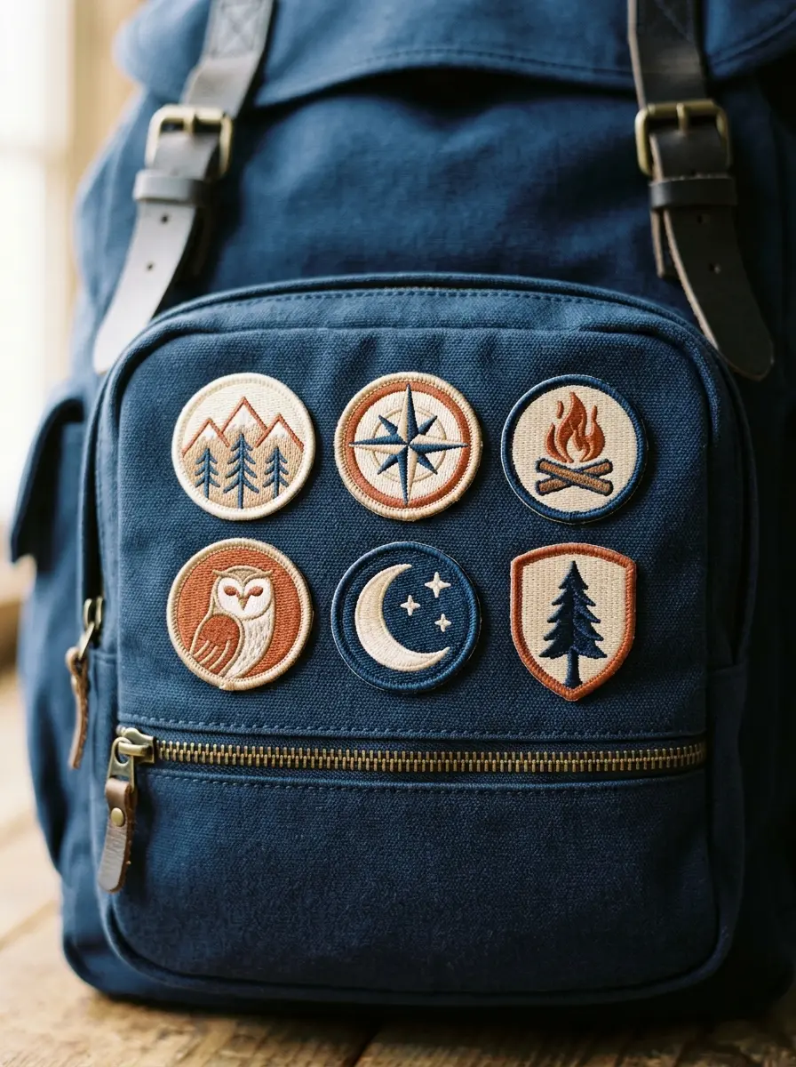 Backpack front pocket with six small patches in two neat rows