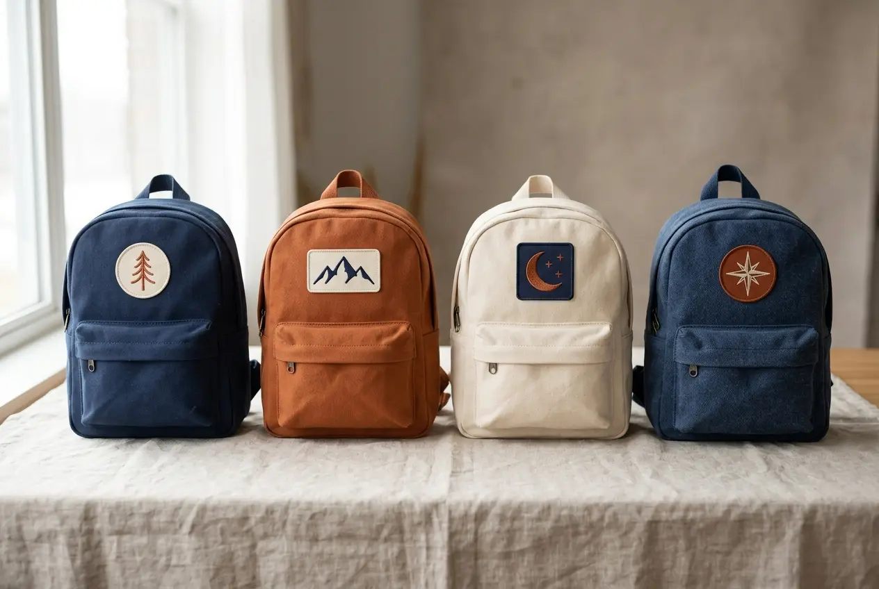 Four small backpacks for school, hiking, travel and work each with one patch