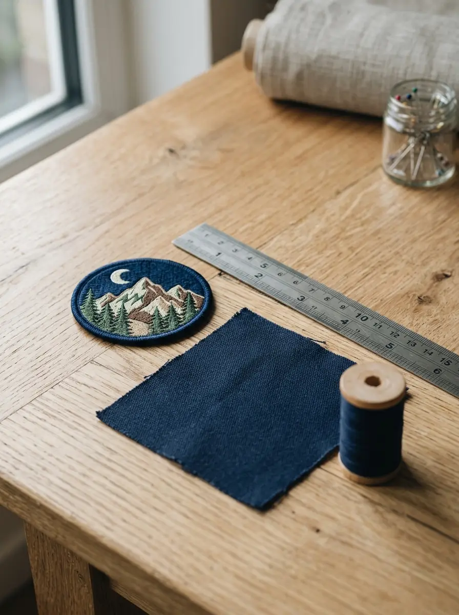 Embroidered patch next to a ruler and a swatch of backpack fabric on a work table