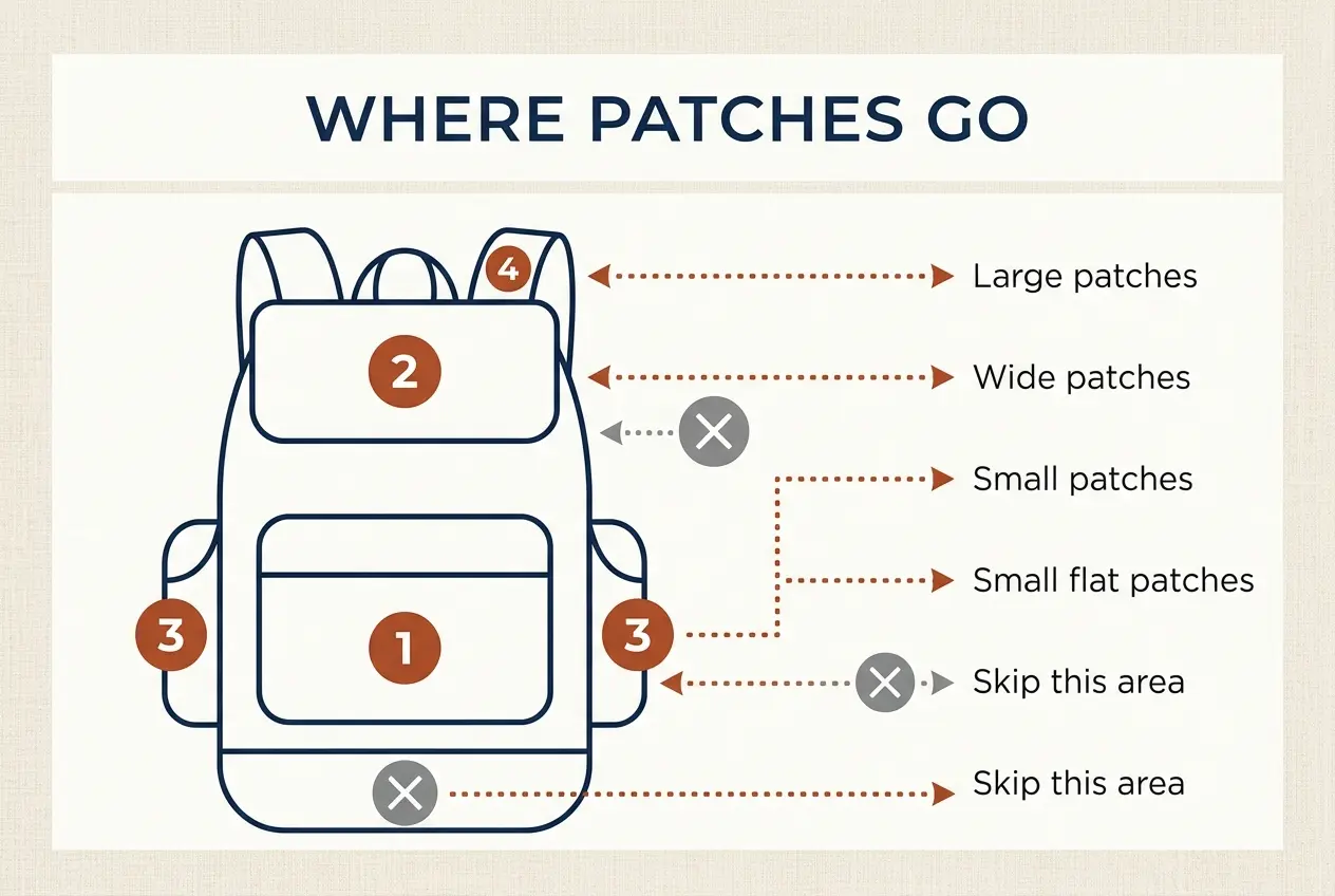Infographic map of a backpack showing the best and worst zones for patches