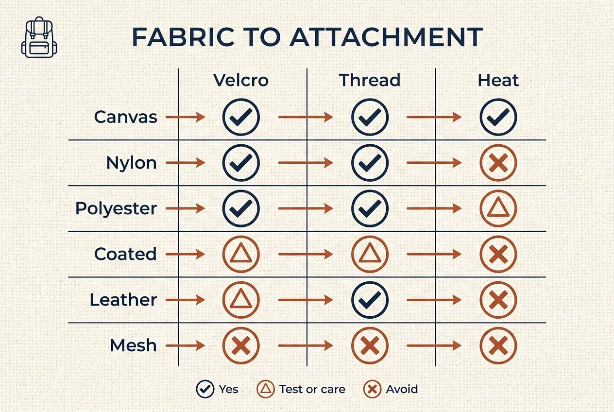 Infographic chart matching backpack fabrics to velcro, thread and heat methods
