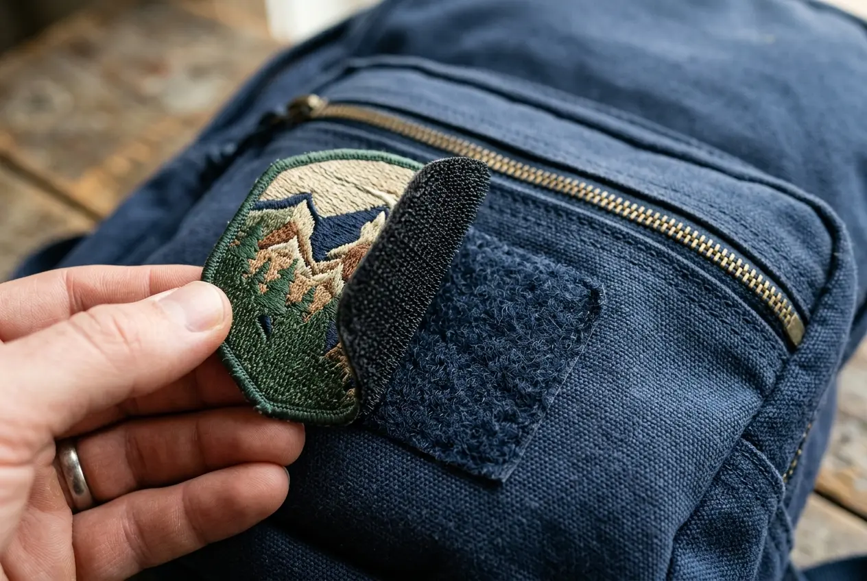 Close up of a hook backed patch peeling from a loop panel on a canvas backpack pocket