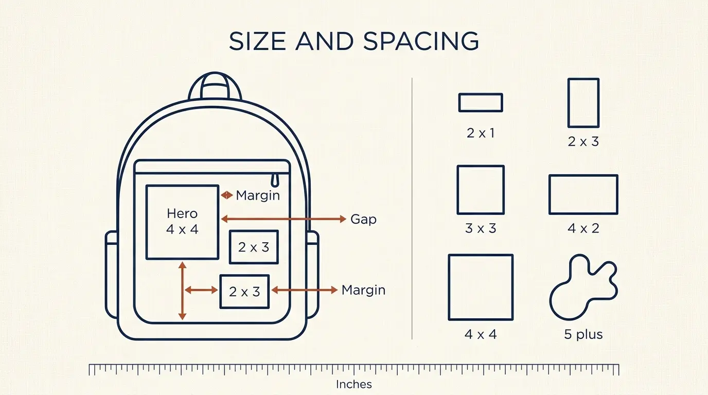 Infographic showing patch sizes and spacing on a backpack front pocket