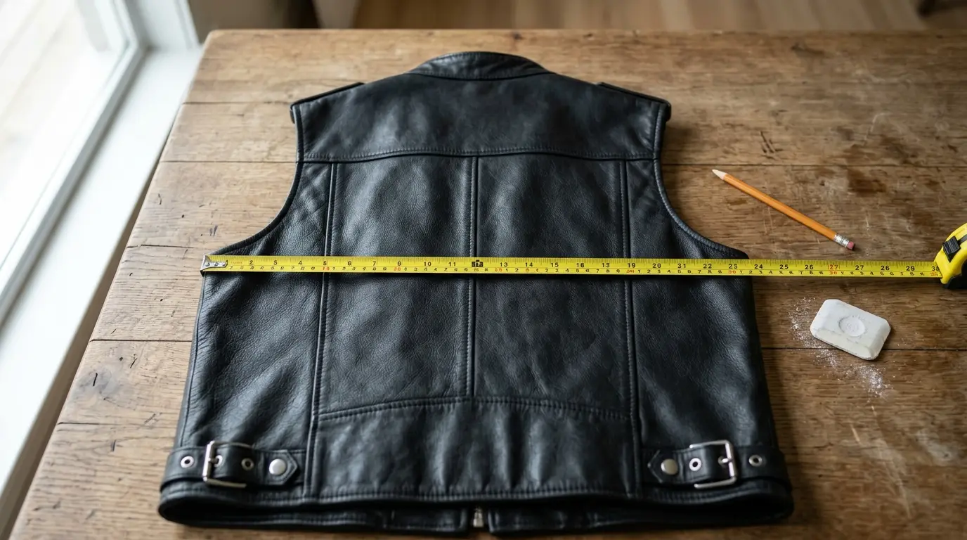 Tape measure stretched across the back panel of a black leather vest laid flat on a wooden table