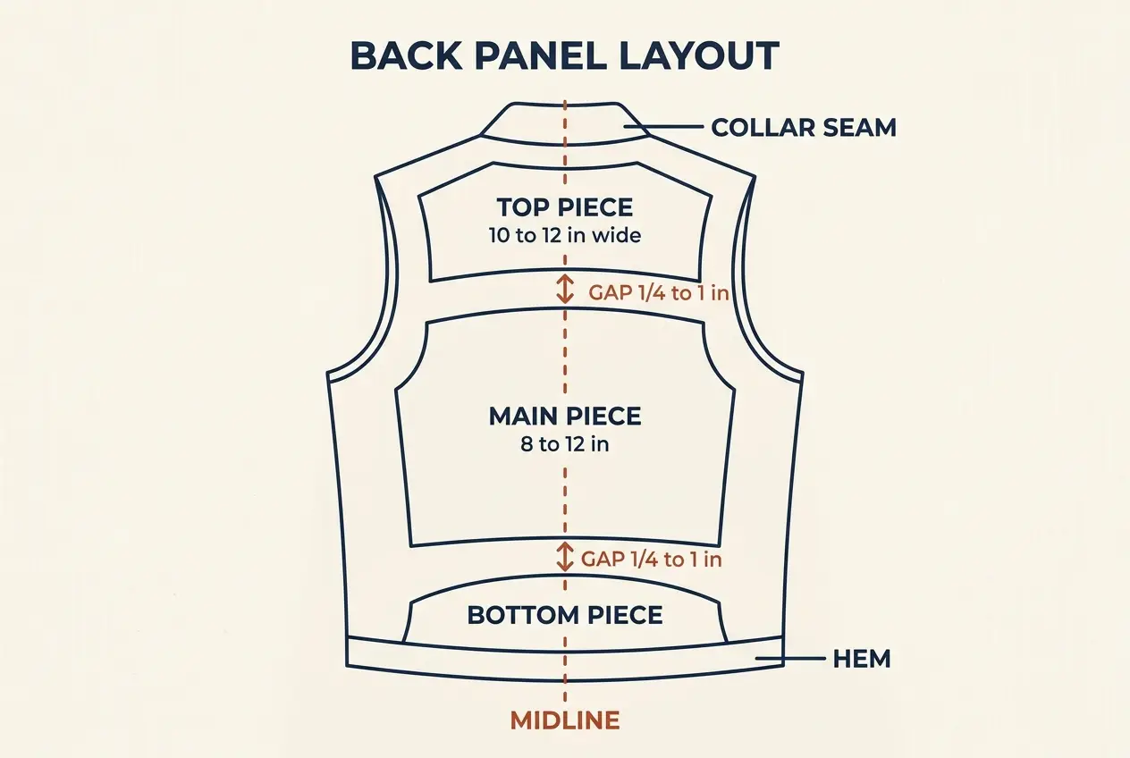 Infographic of a vest back panel showing top piece, main piece, bottom piece, midline and gaps