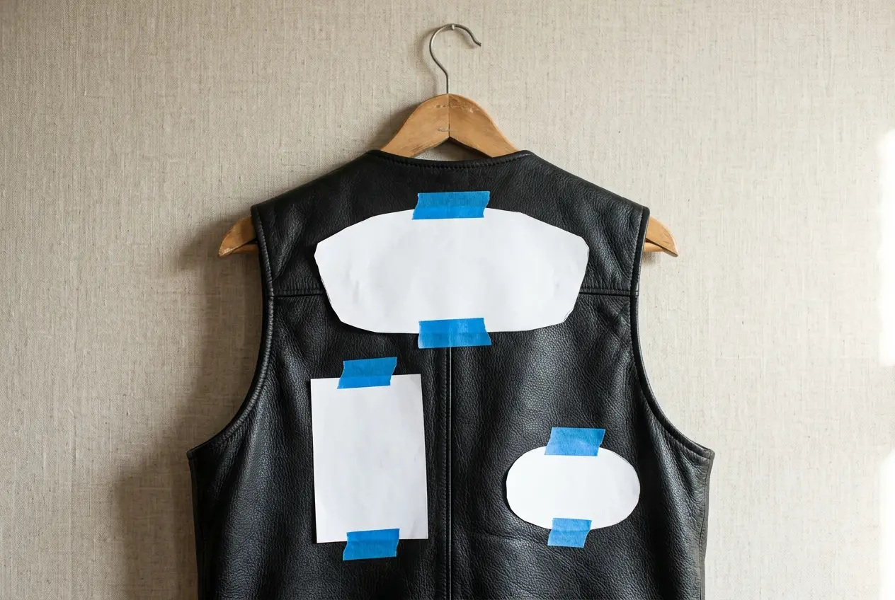 Paper templates taped on the back of a black leather vest hanging on a wooden hanger
