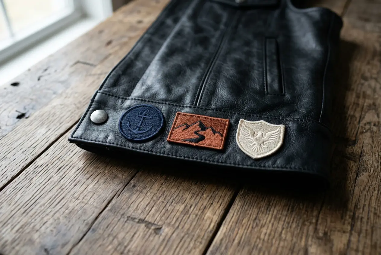Black leather riding vest laid flat showing three small embroidered patches in a row on the lower front