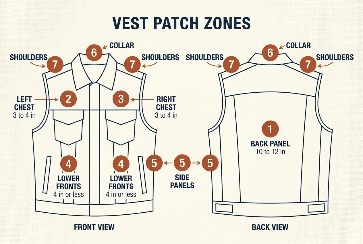 Infographic of a riding vest front and back with seven labeled patch zones