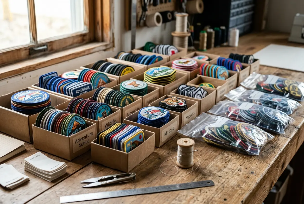 Stacked boxes and bags of finished custom patches sorted by design