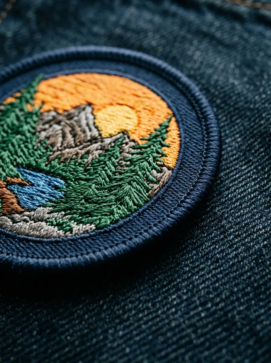 Close view of satin stitch edge on a custom embroidered patch