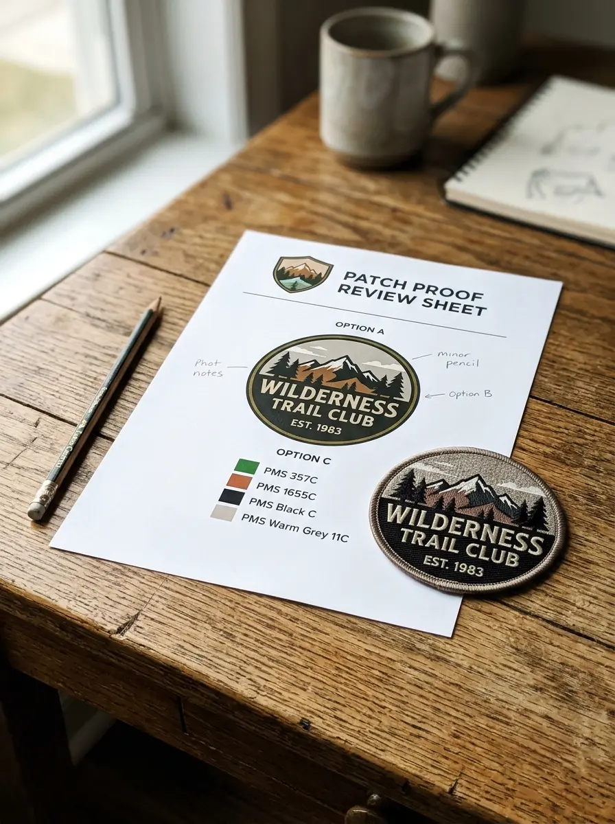 A printed digital proof of a patch beside a finished embroidered patch