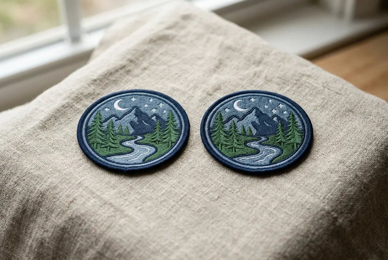 Two identical embroidered patches from different runs side by side