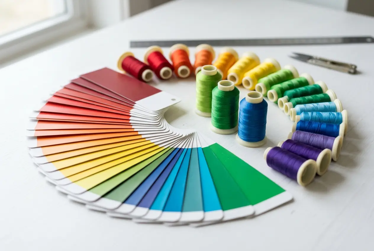 Fanned Pantone color cards beside embroidery thread spools