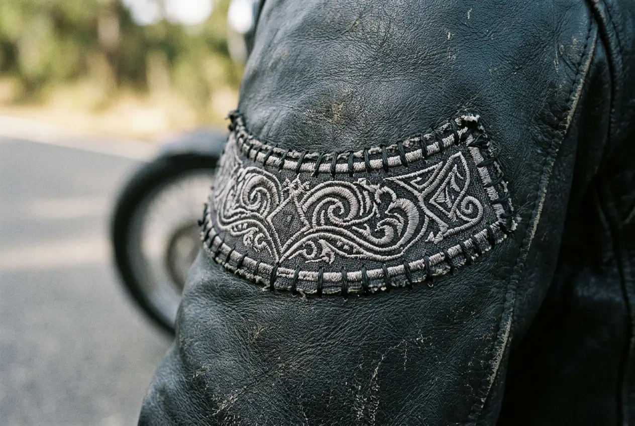 Hand-sewn embroidered patch on black leather vest with heavy thread