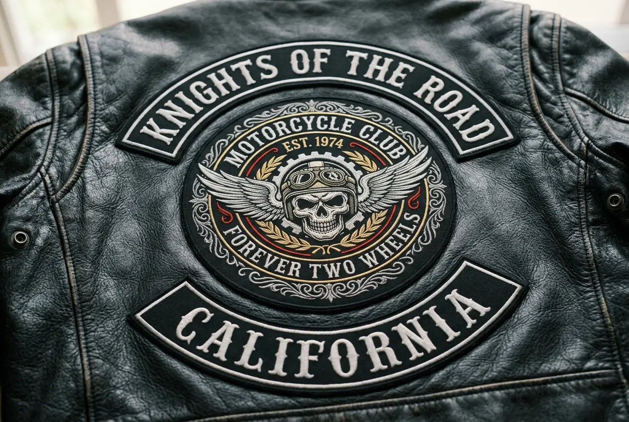 Three-piece embroidered biker back set with top rocker, center emblem and bottom rocker on black leather