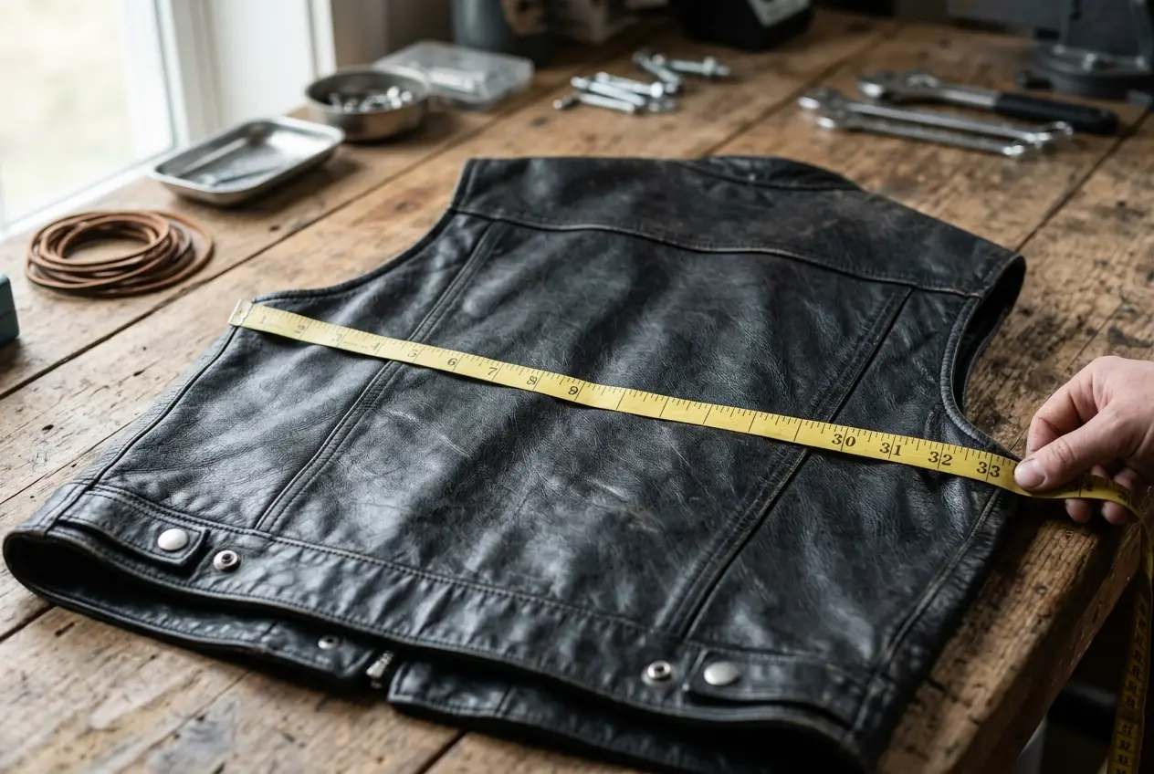 Tape measure stretched across the back panel of a black leather vest