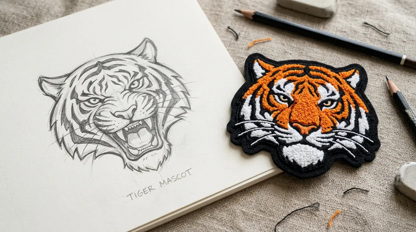 Artwork sketch beside a finished chenille proof