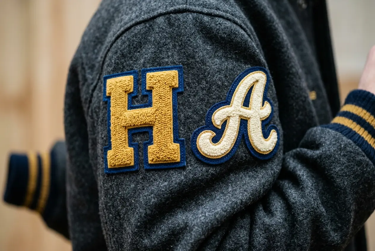 Two chenille letters, one block and one script, on wool