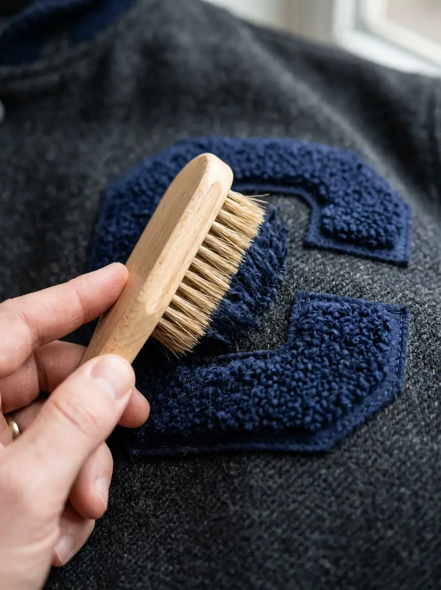 A soft brush restoring the pile of a chenille letter
