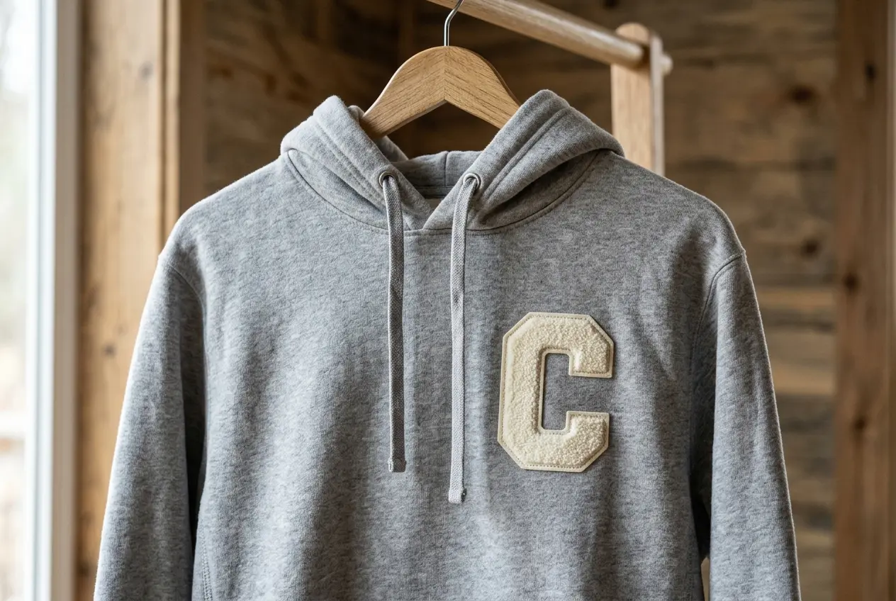 Chenille patch sewn on a gray hoodie chest
