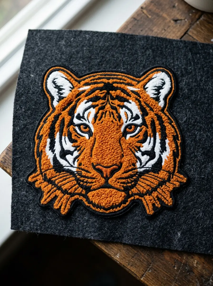 Chenille mascot patch with an embroidered thread outline