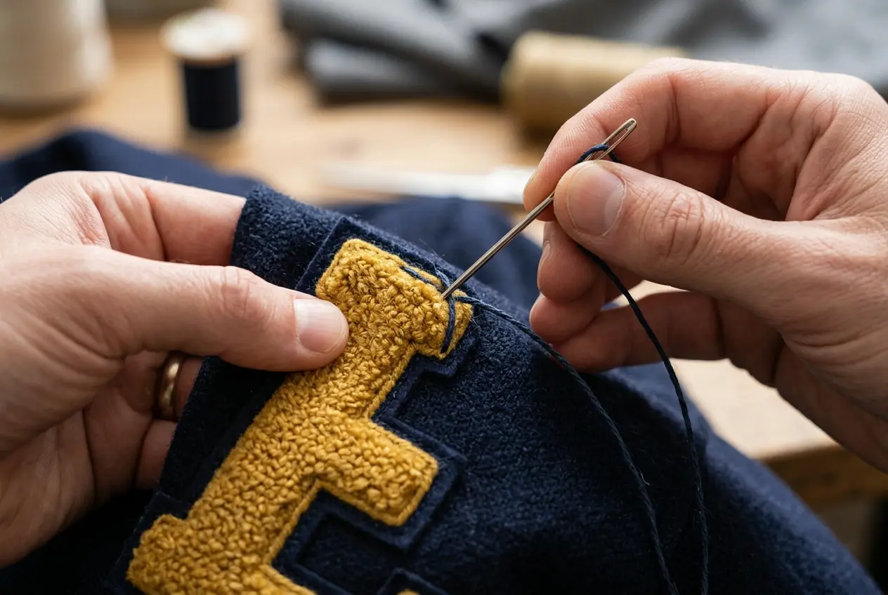 Hand sewing a chenille letter onto a wool jacket