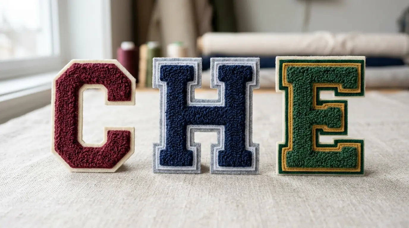 Three chenille letters with single, double and triple felt borders