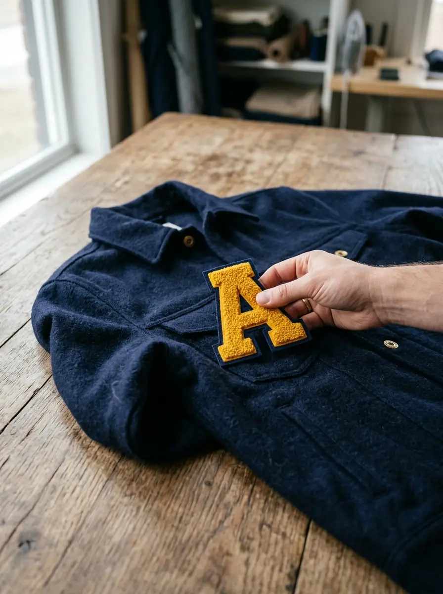 Chenille letter held against a jacket chest to check size
