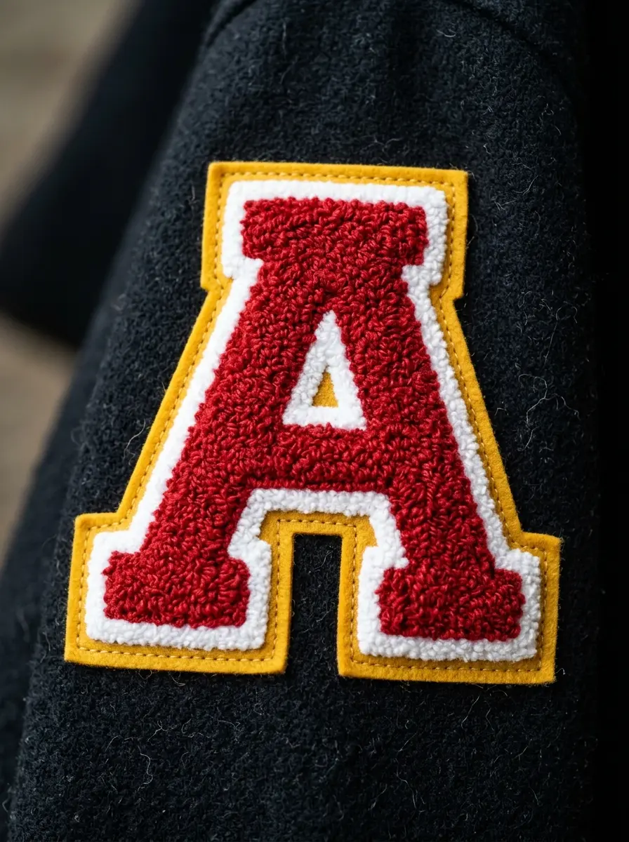 Two-tone red and white chenille letter on a black wool jacket