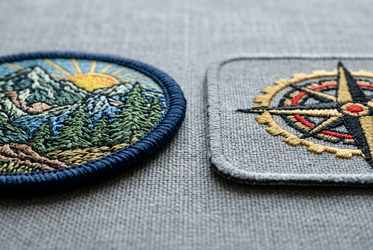 Close up of a merrowed embroidered border beside a hot-cut edge on two patches