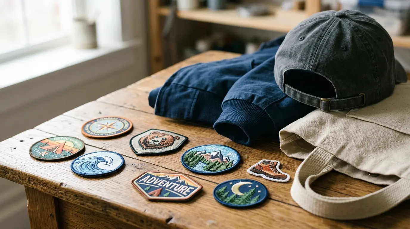 Embroidered patches arranged beside a cap, a jacket sleeve and a canvas bag