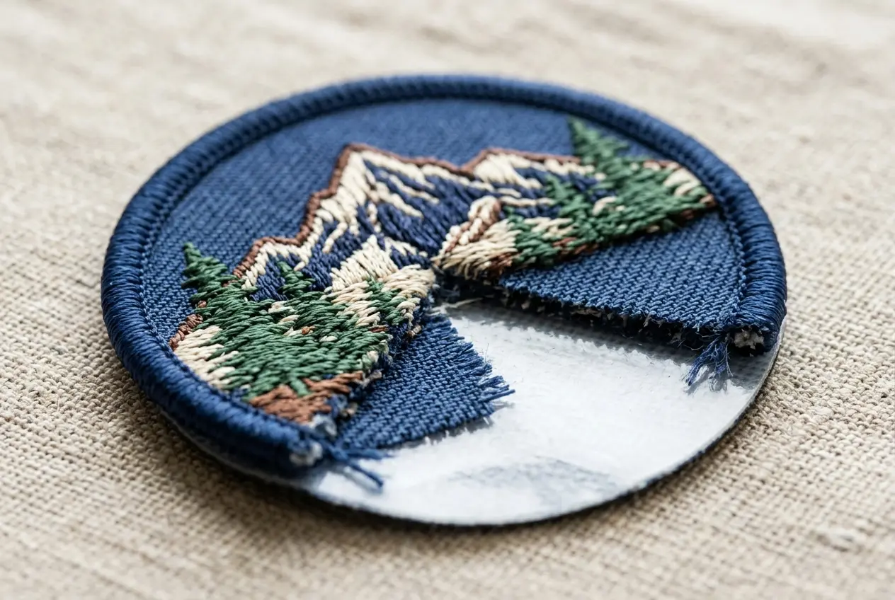 Cutaway view of an embroidered patch showing twill base, stitched thread, border and backing on linen