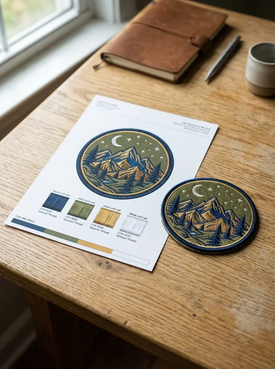 A digital embroidery proof sheet beside a finished sample patch on a desk