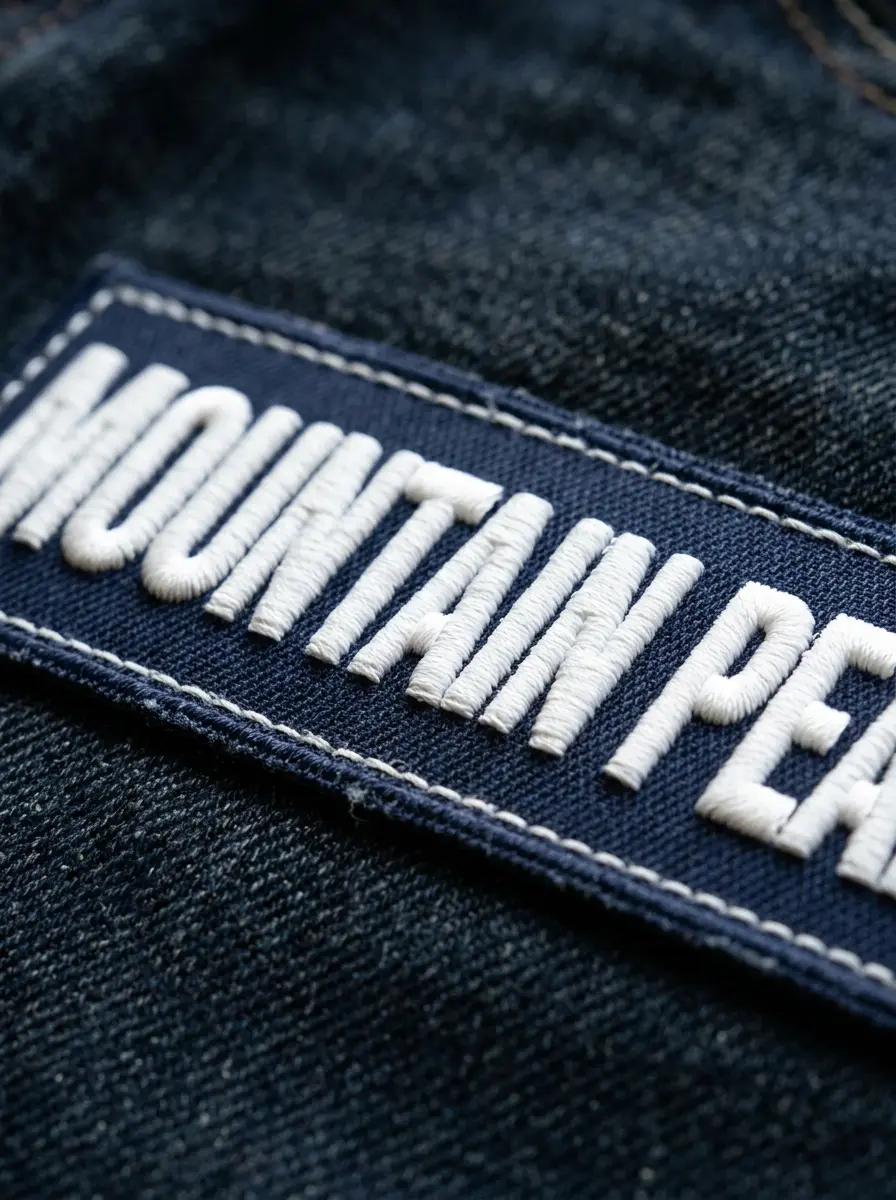Raised 3D puff embroidered lettering on a dark patch seen from a low angle