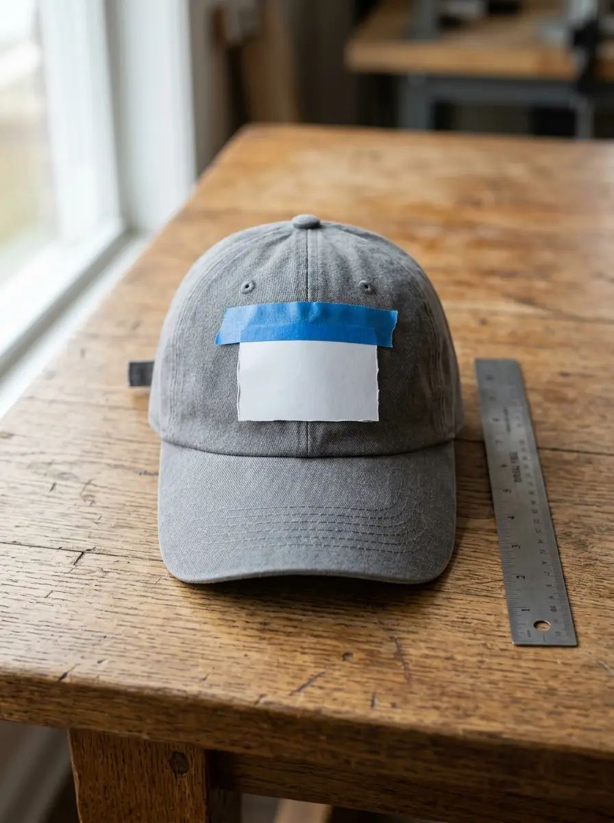 Paper patch template taped on a baseball cap front panel