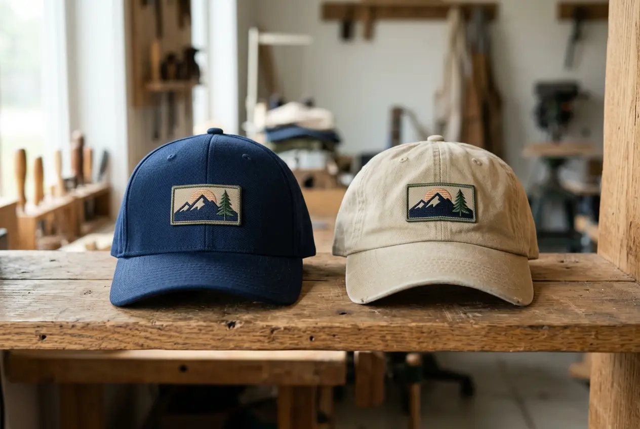 A structured cap and a soft dad hat side by side