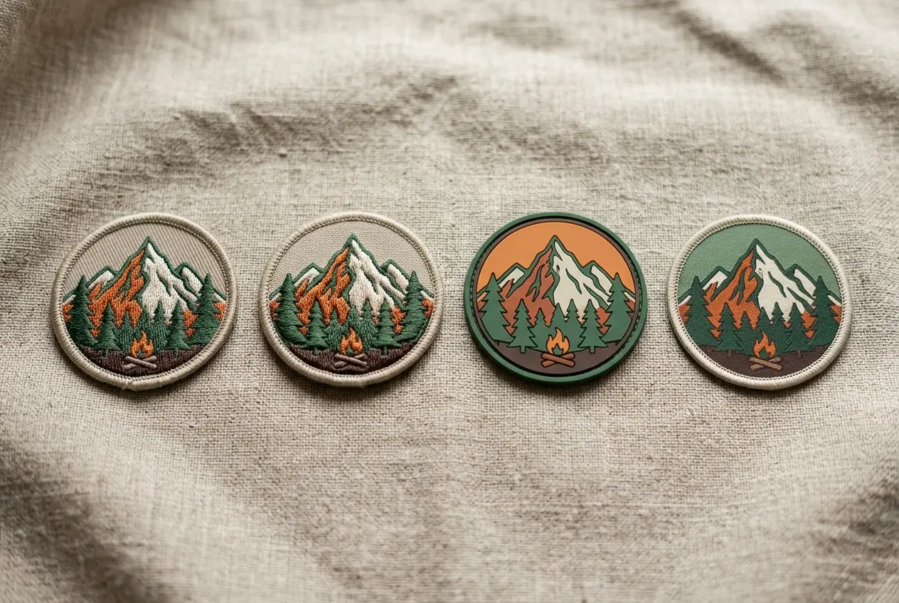 Four hat patches in different constructions laid on linen