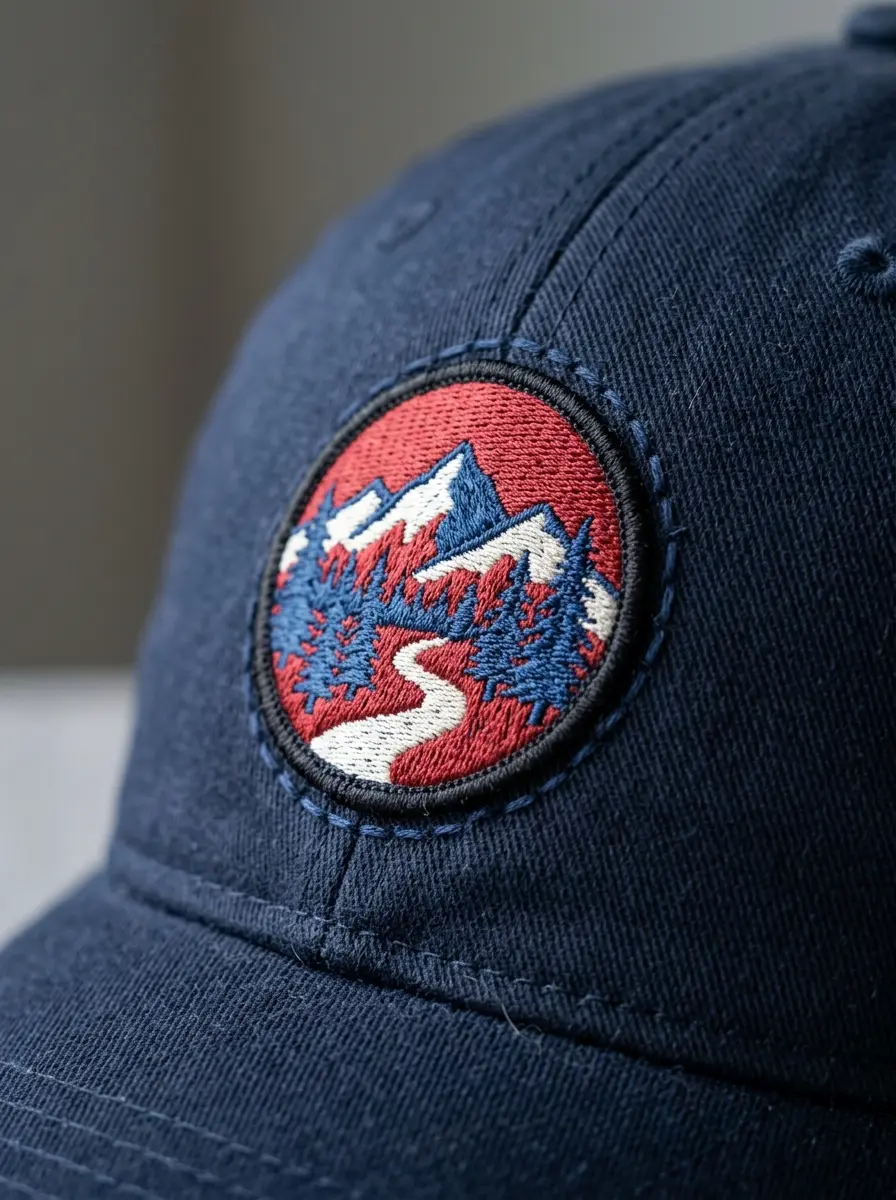 Close-up of a hand-stitched border on a cap patch