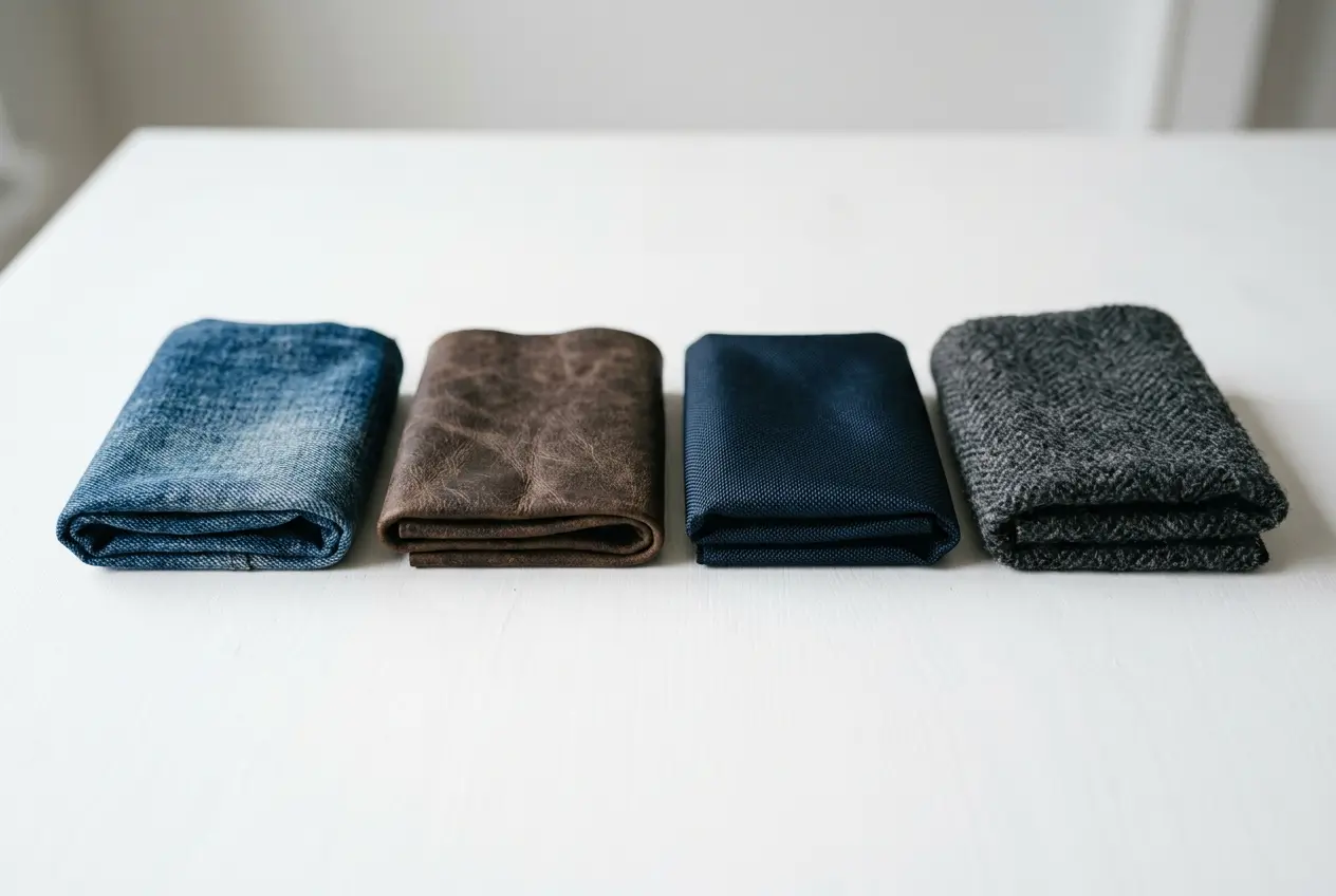 Four jacket fabric swatches in a row