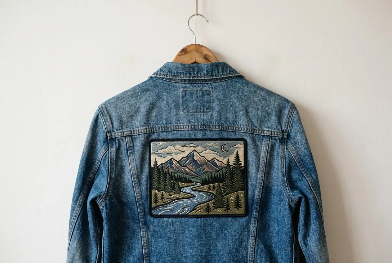 Large patch centered on the back of a denim jacket