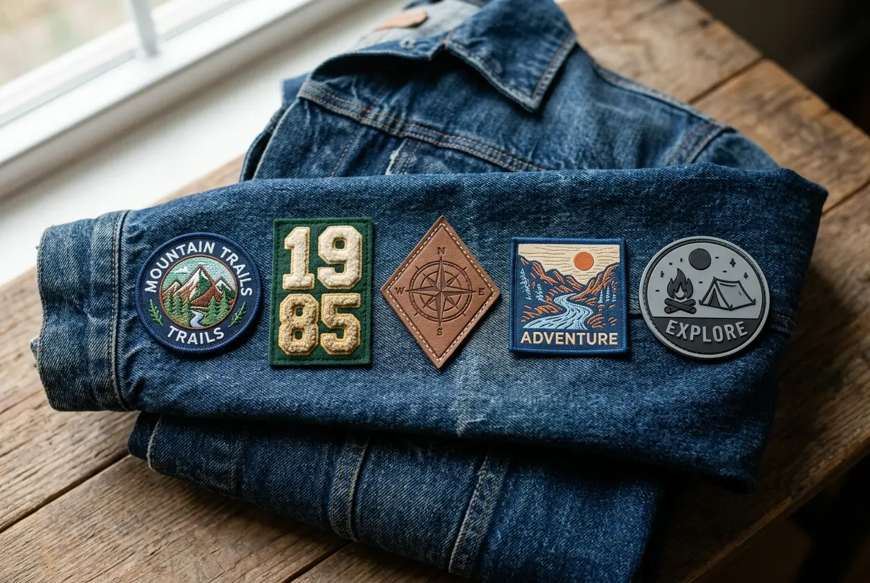 Five jacket patches in different types on a denim sleeve