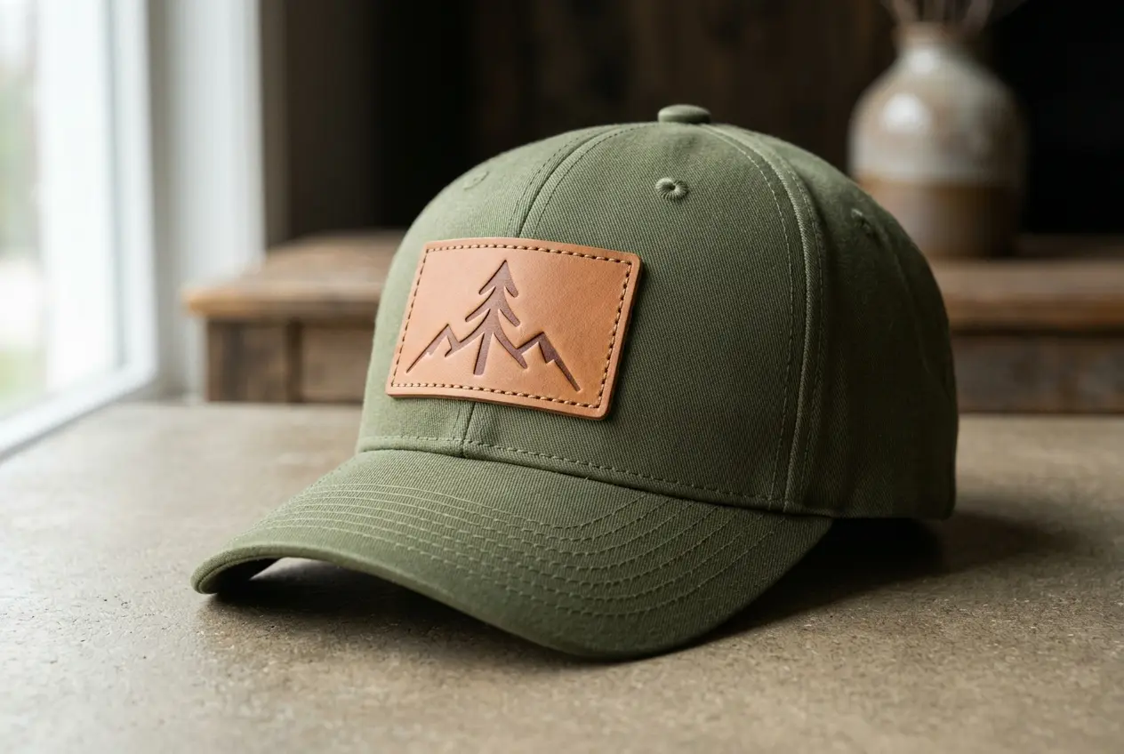 Tan leather patch on the front of a curved baseball cap