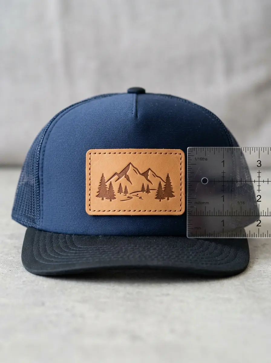 Leather patch on a trucker cap front panel beside a ruler