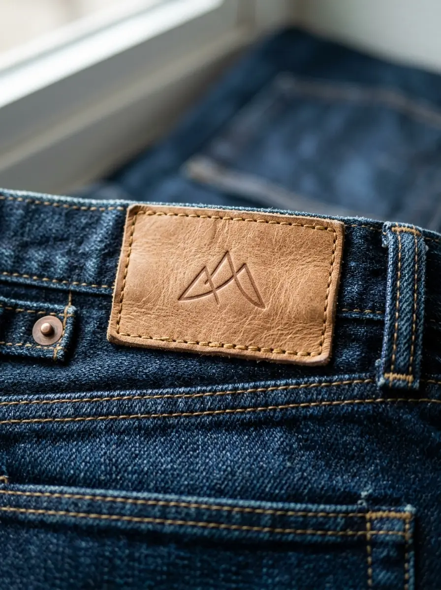 Small tan leather label sewn on the back waistband of blue jeans