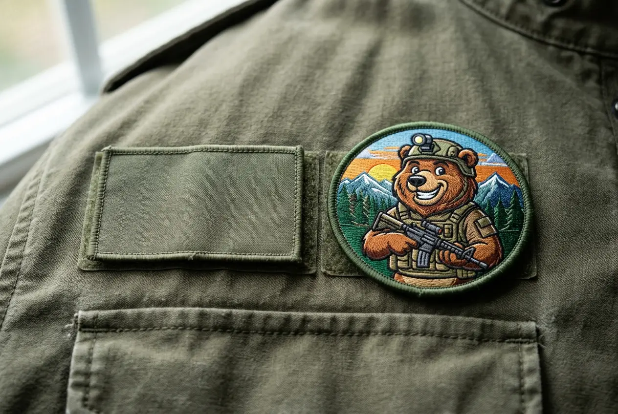 An issue-style patch beside a custom morale patch on a canvas surface