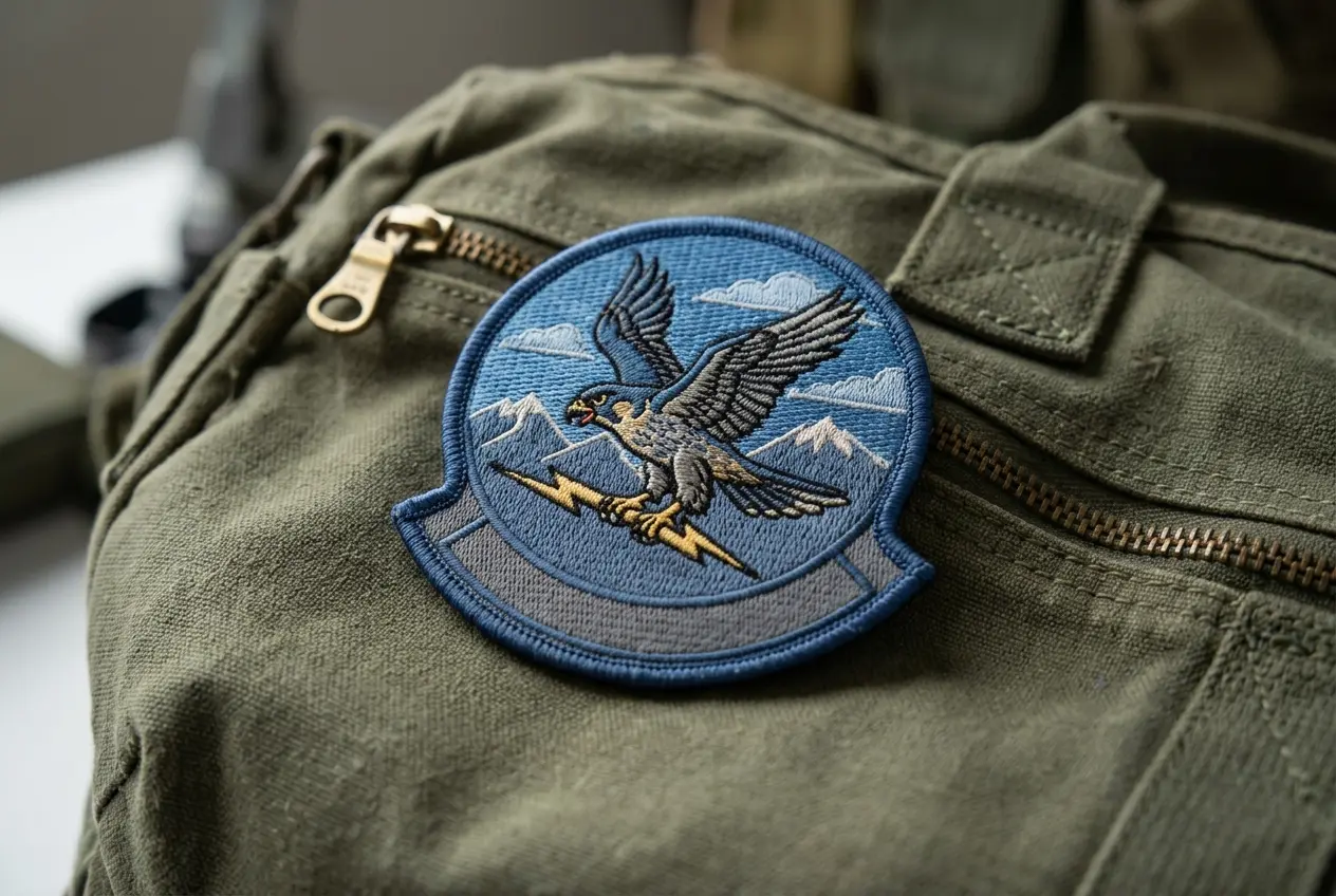 A round squadron crest patch with mascot and banner