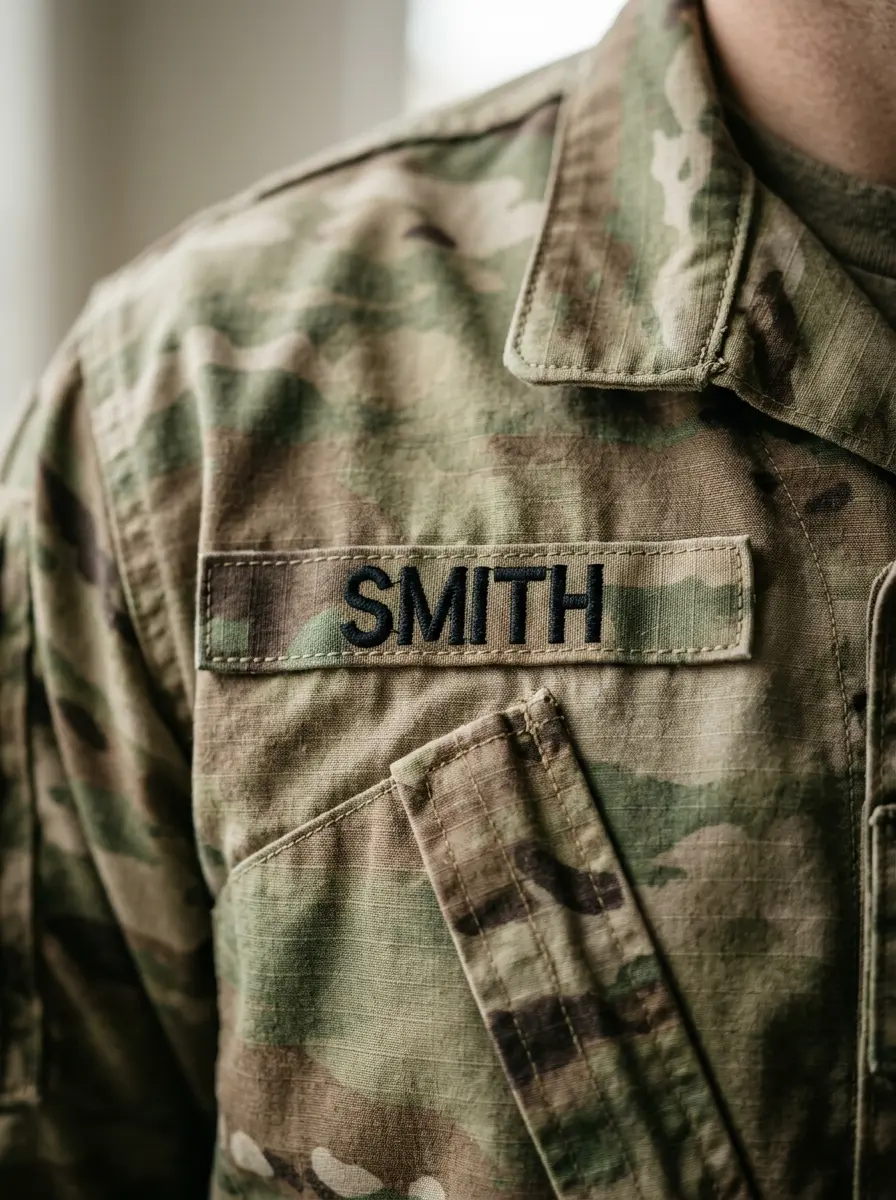 An olive drab uniform chest with a black-on-tan name tape