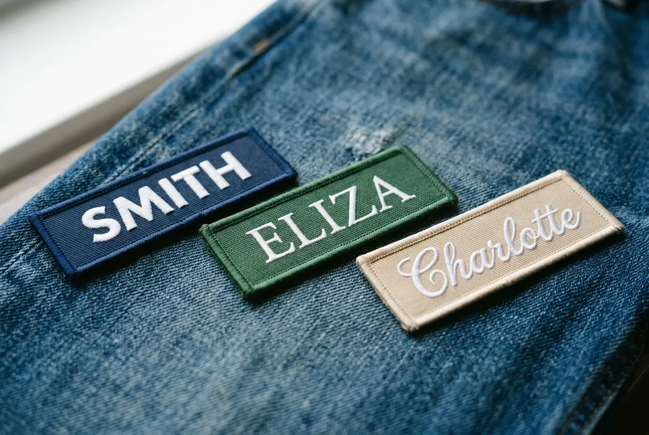 Three name patches in sans serif, serif and script fonts