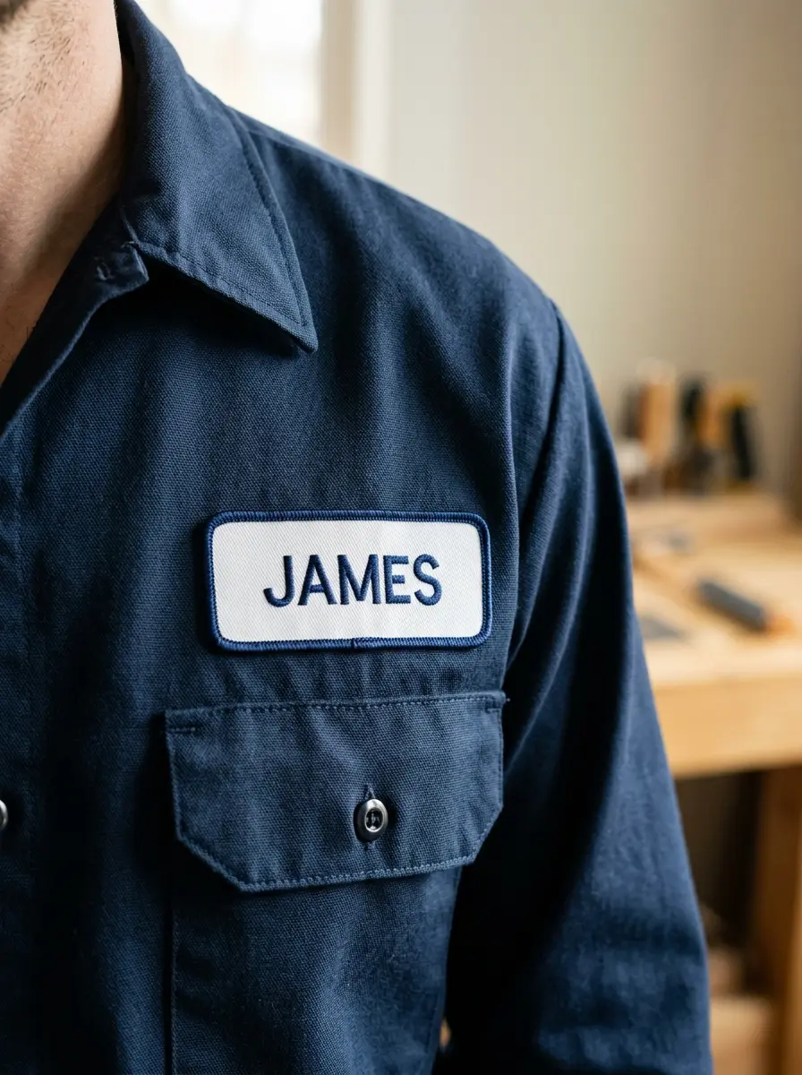 A navy work shirt with a white embroidered name patch on the chest